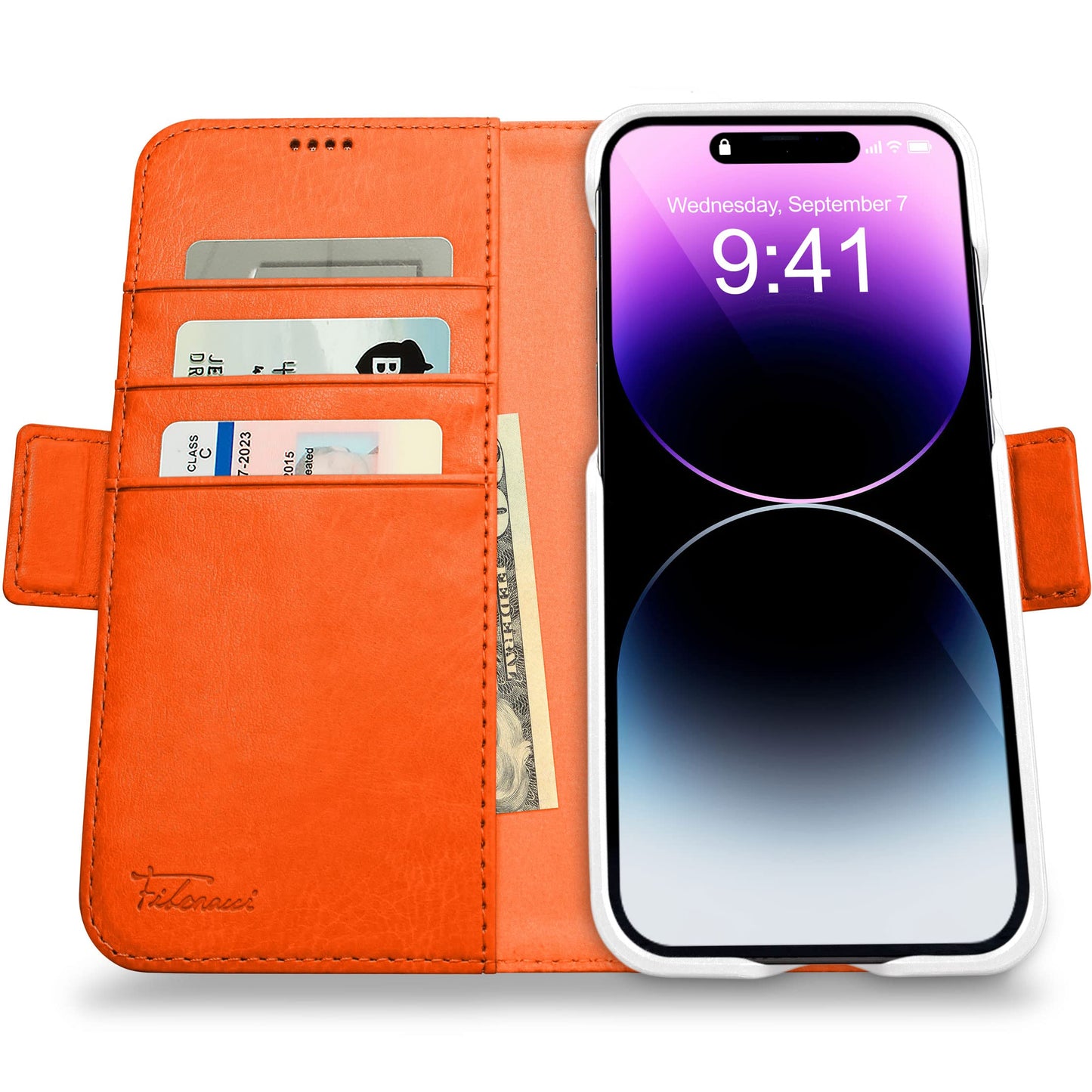 Dreem Wallet Case for iPhone 14 Plus, 2 Way Phone Stand, Magnetic Detachable Vegan Leather Flip Cover RFID Blocking Card Holder, MagSafe-Fit, Gift Box [Fibonacci: Orange]