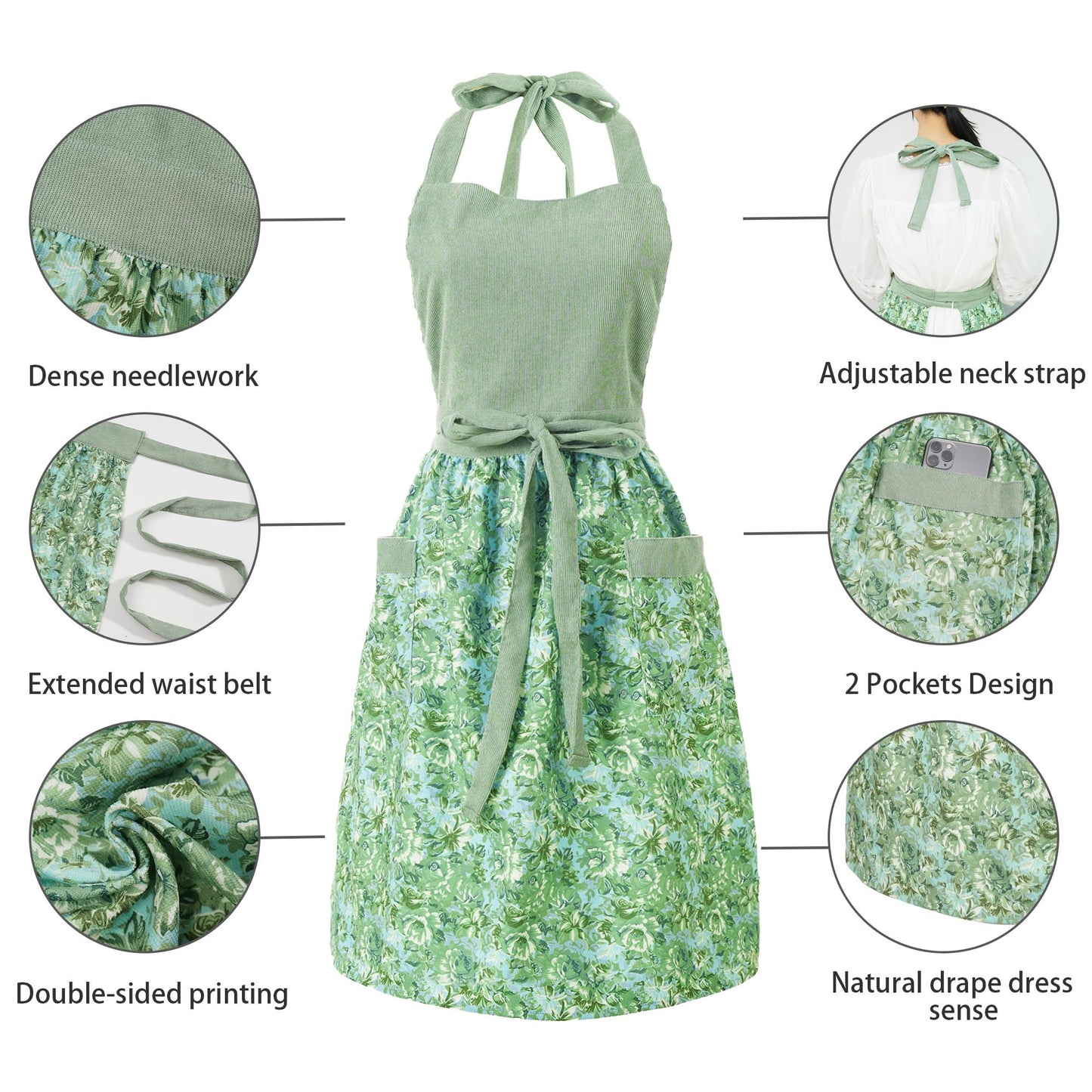 HYVOROS Cute Floral Aprons for Women with Pockets,Cotton Adjustable Neck Strap Apron for Kitchen Cooking Baking Gardening (Light Green, Medium)
