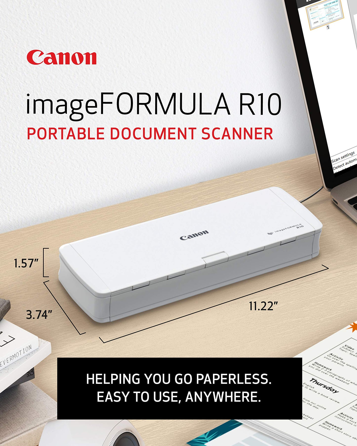 Canon imageFORMULA R10 - Portable Document Scanner, USB Powered, Duplex Scanning, Document Feeder, Easy Setup, Convenient, Perfect for Mobile Users, White