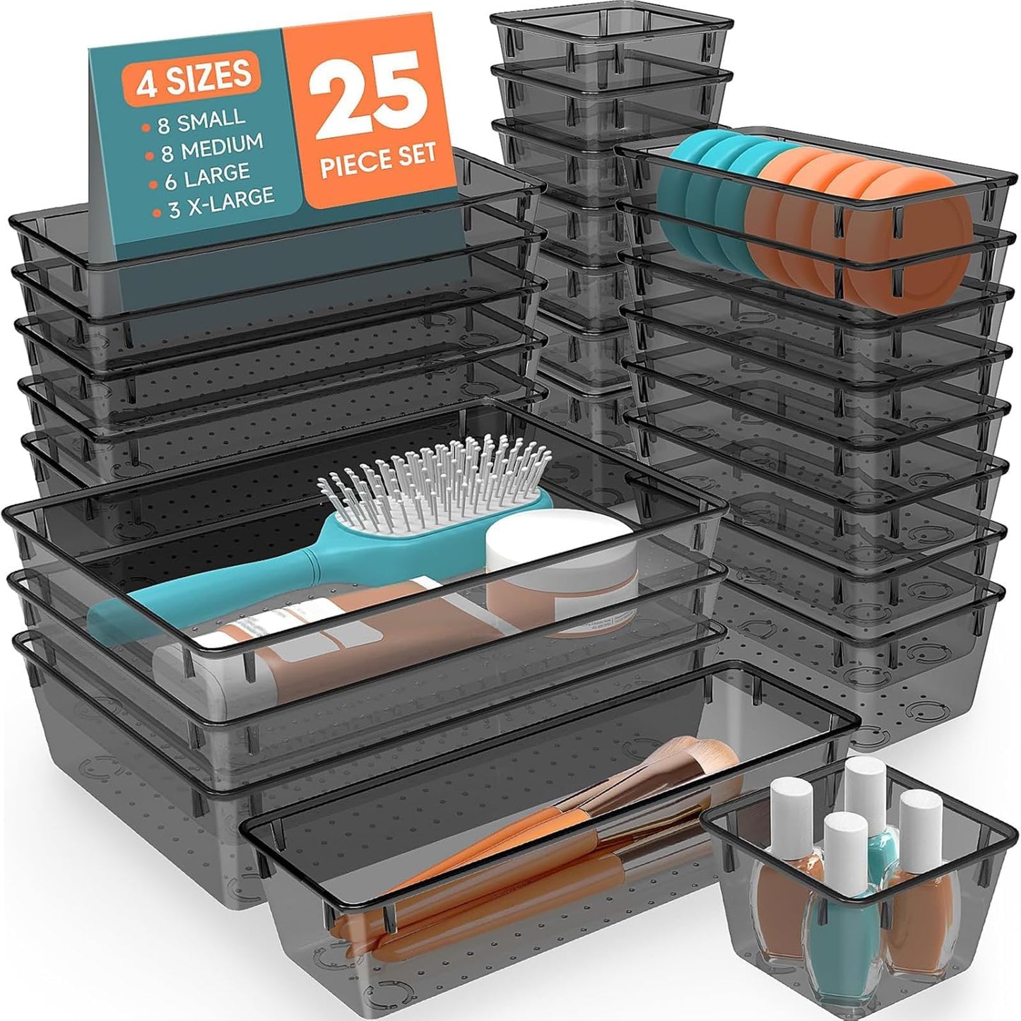 SpaceHacks 25 PCS Plastic Drawer Organizer Set, 4-Size Versatile Organizer Trays & storage Bins for Makeup, Jewelry, and Gadgets in Bathroom, Bedroom and Office,Clear Black