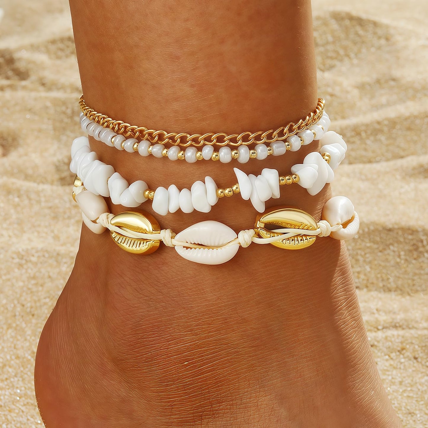 Qceasiy Shell Ankle Bracelet Set for Women, Gold Plated Boho Bead Adjustable Anklet, Hawaiian Beach Seashell Pearl Heart Starfish Conch Foot Jewelry Gifts (Stone Shell 4Pcs)