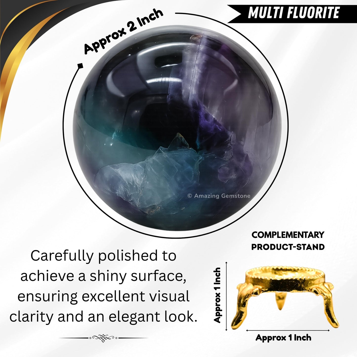 Amazing Gemstone Fluorite Crystal Ball with Stand - 2 Inches Crystal Sphere Meditation Balls for Witchcraft and Decorative Balls