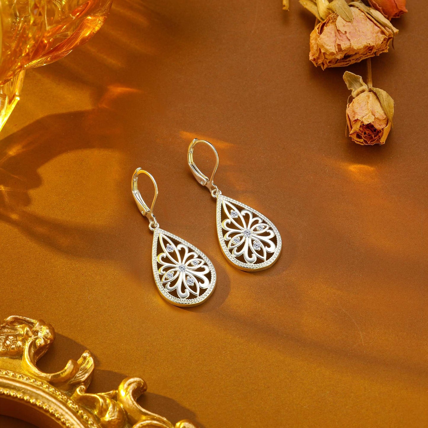 Sterling Silver Dangle Earrings for Women Filigree Teardrop Earrings Hypoallergenic925 Sterling Silver Drop Earring (Filigree-A-S)