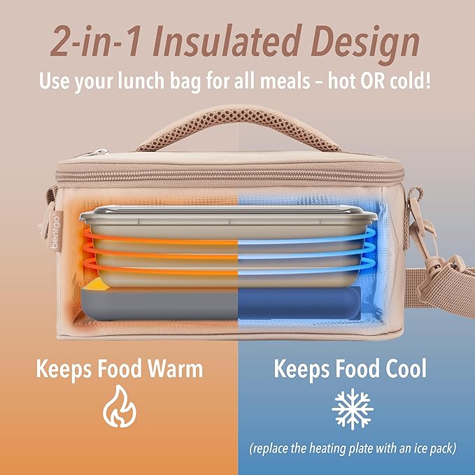 Bentgo Heat - Electric Lunch Bag & Food Warmer for Reheating Meals in Car, at Work & More - Heated Lunch Box Warmer for Adults, Students & Shift Workers, 12V/24V Auto & 120V Wall Cords (Sand)