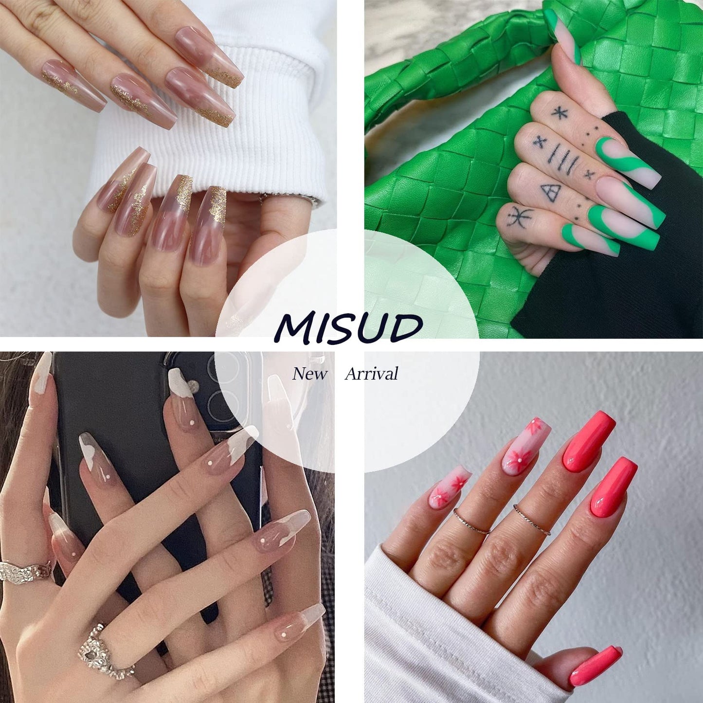 MISUD Press on Nails - Long Coffin Fake Nails with Pink White Ombre, Acrylic Rhinestone Design 24 pcs