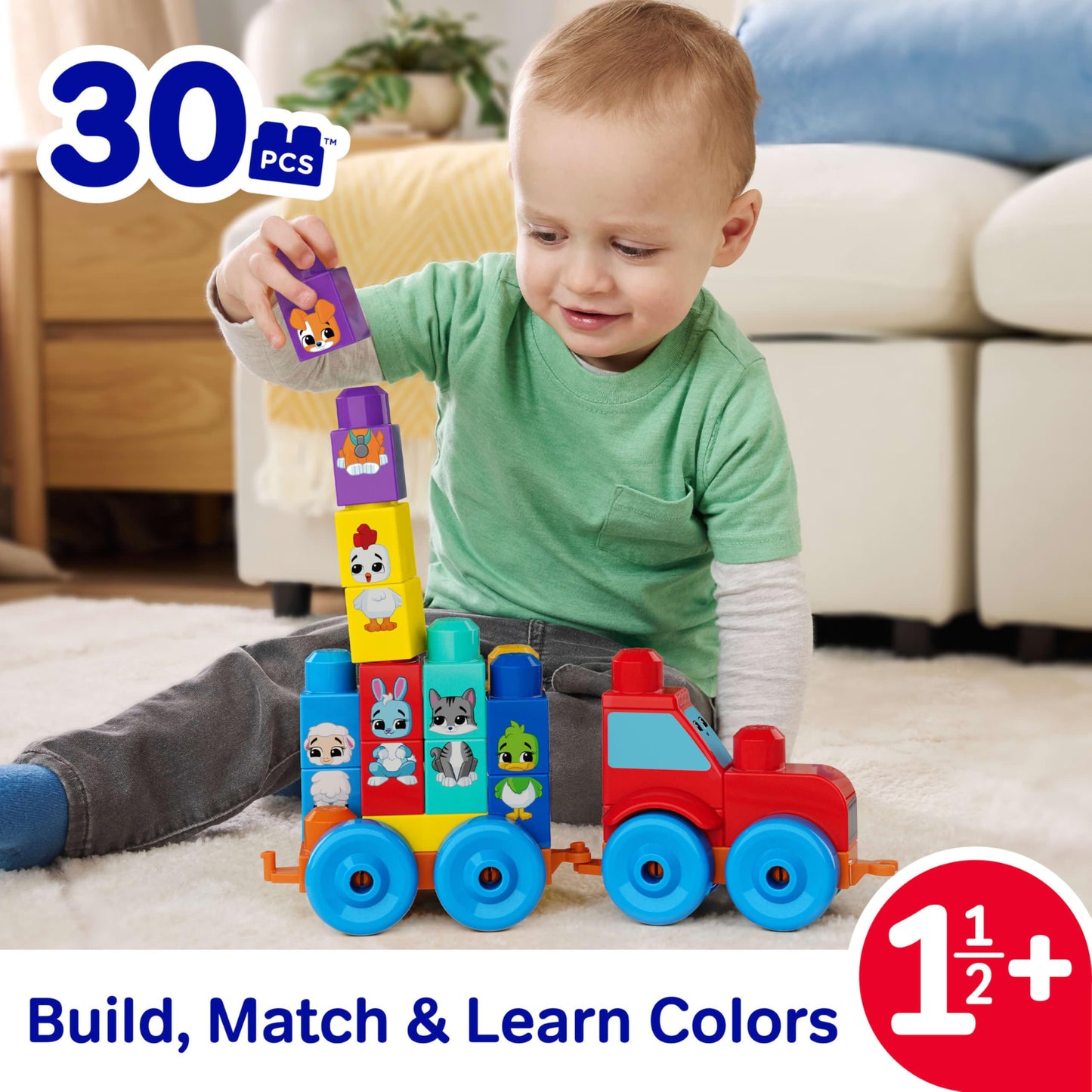 MEGA BLOKS First Builders Toddler Block Toys Set, Build & Match Animal Tractor with 30 Pieces, Learn Animals and Colors, Red and Blue, Ages 1+ Years