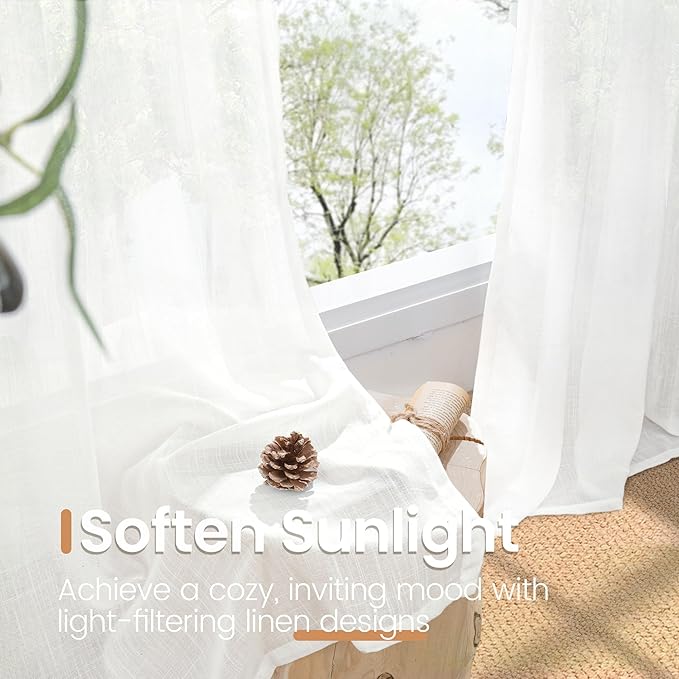 BGment White Linen Curtains 48 Inch Length for Short Window - Natural Semi Sheer Drapes Light Filtering with Rod Pocket for Living Room Bedroom Kitchen Lightweight Rustic, 2 Panels Set, 42 X 48 Inch