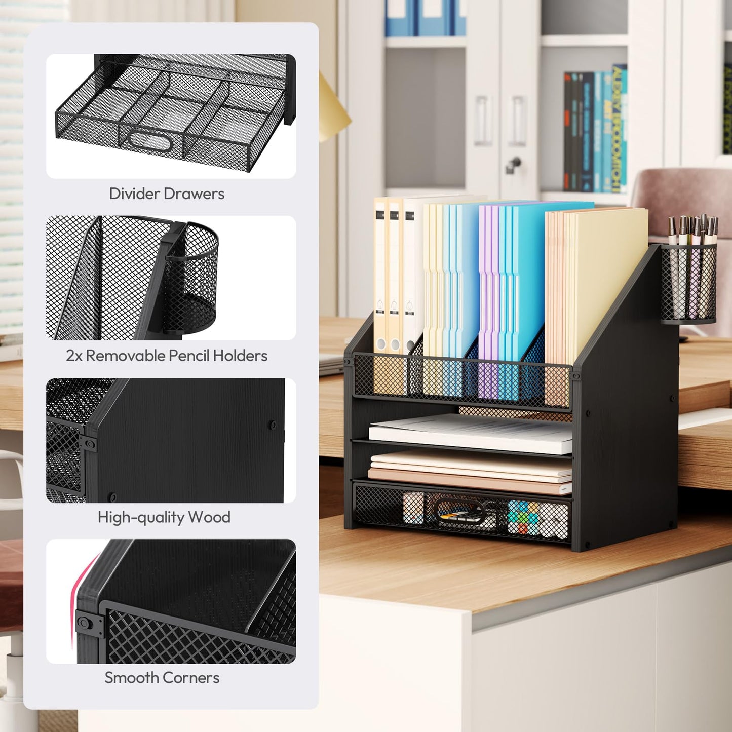 SWTYMIKI Desk Organizer with Drawers - Mesh and Wood Desk File Organizer with Pen Holders, 4-Tier Paper Organizer for Office Organizer and Accessorie, School and Home Storage, Black