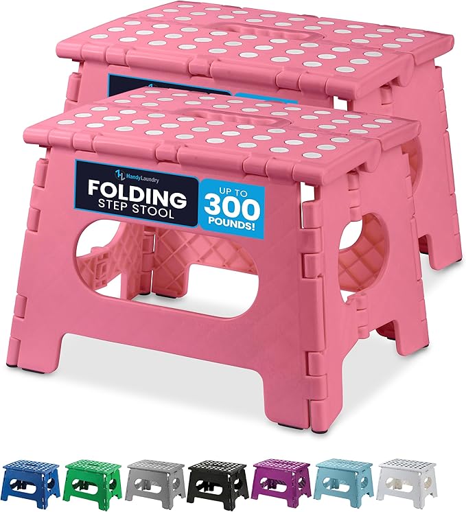 Handy Laundry Folding Lightweight Step Stool - Sturdy Enough to Support Adults and Safe Enough for Kids - Opens Easy with One Flip - Great for Kitchen, Bathroom or Bedroom (Pink | 2-Pack)