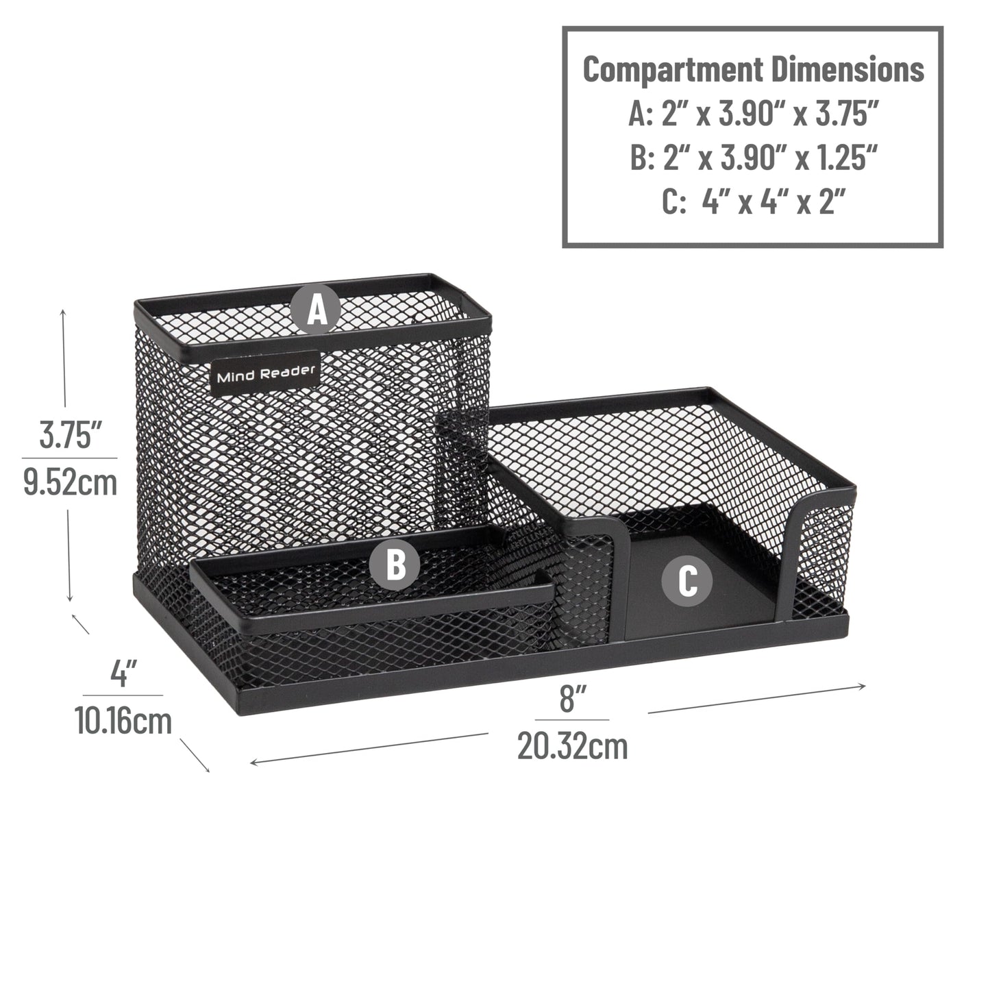 Mind Reader Desktop Organizer, Pen Holder, Clip Basket, Storage, Office, Metal Mesh, 8.07"L x 4.13"W x 3.94"H, Black