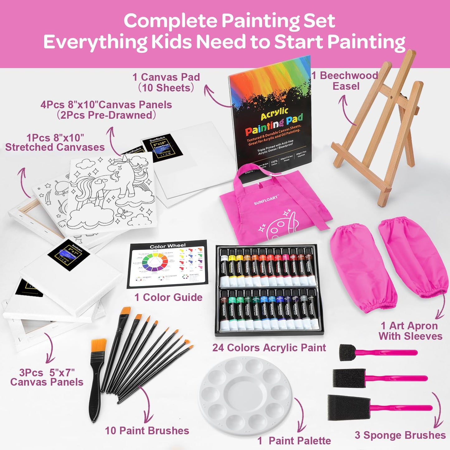 59pcs Acrylic Paint Set - Art Supplies Kit With 24 Non-Toxic Paints, Easel, Brushes, Canvas for Kids, Artists and Beginners, Pink