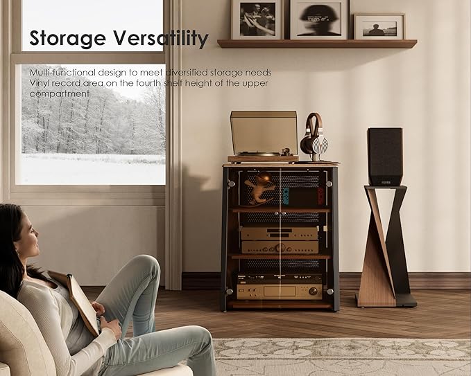 FITUEYES Design 4-Tier Media Stand with Brown Glass Doors Audio Rack with Adjustable Shelves Stereo Cabinet Protection Equipment for Vinyl Record Player Stereo Receivers Audio Gear, Eiffel Series