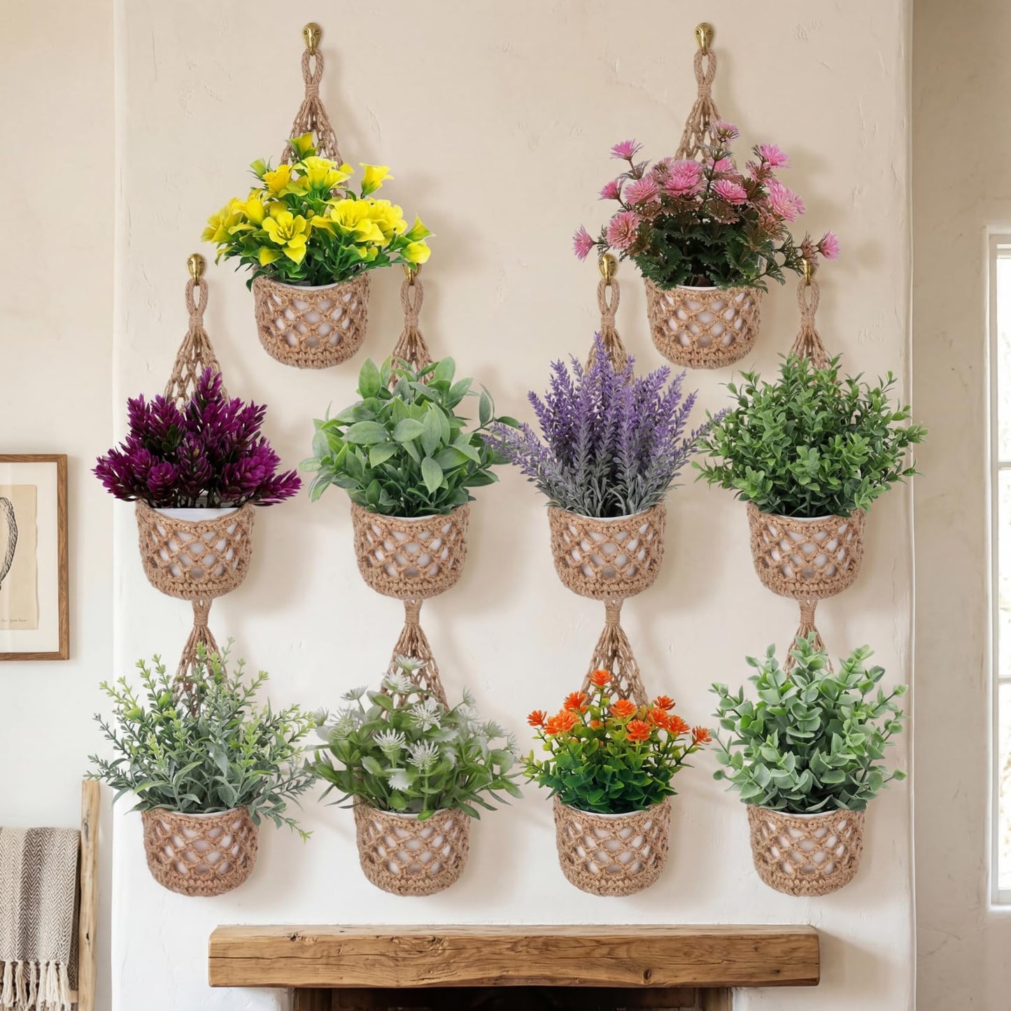 GliCraft 10 Pack Macrame Wall Plant Hanger with Artificial Pot Flower - Boho Wall Hanging Planter for Indoor Plant Cotton Rope Holder with Mini Fake Pot Flower for Home Wedding Decor Gift(Jute)