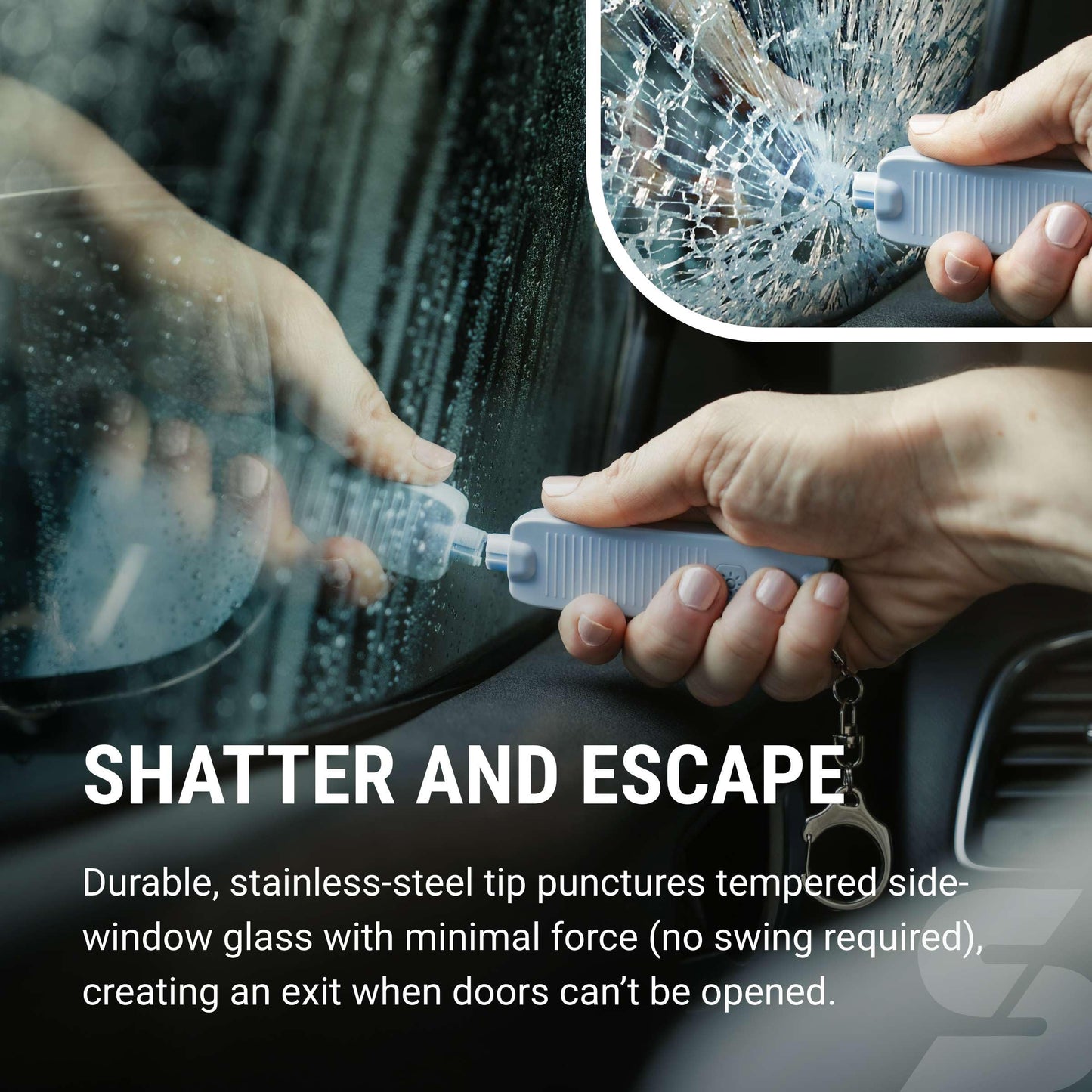 Sabre Safe Escape™ 3-in-1 Car Escape Tool for Car Safety with Spring-Loaded Window Breaker, No Swing Required, Seat Belt Cutter, LED Flashlight, Compact Auto Safety Tool for Emergencies
