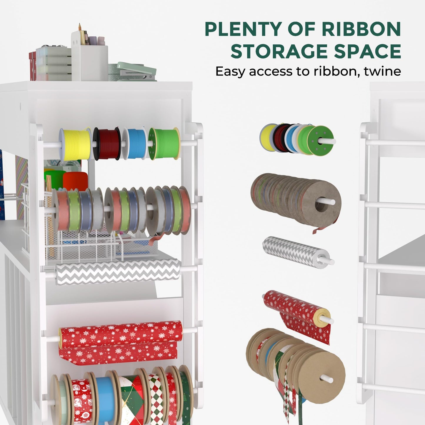 Anrigeail Wrapping Paper Storage & Organizer, Craft Cart with Ribbon & Gift Bag Storage, Wrapping Paper Organizer Holder(3 Wooden Drawers-White)