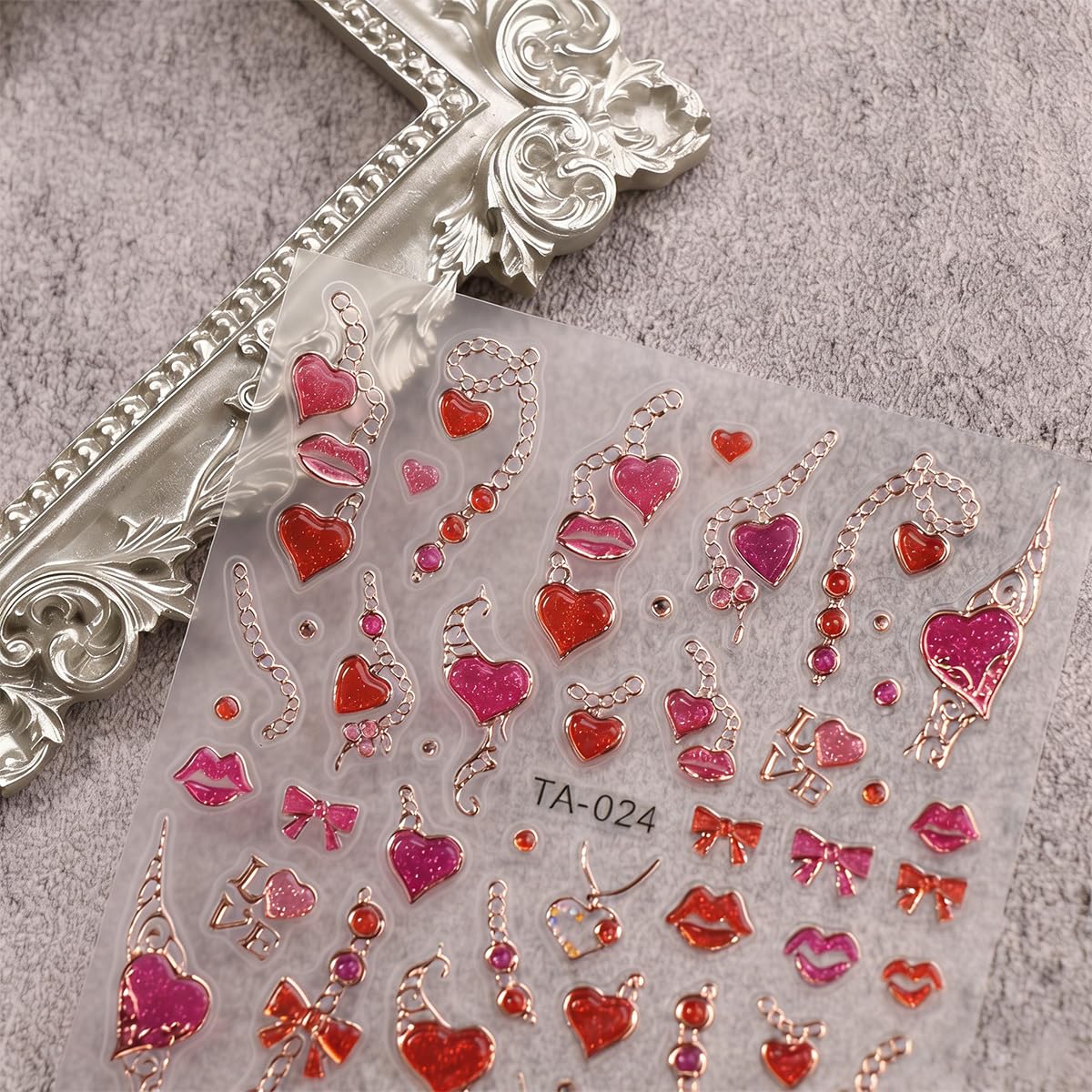 2 Sheets 5D Embossed Valentines Nail Art Stickers Glitter Pink Red Heart Bow Red Lips Nail Decals Love Key Chain Nail Design Stickers Self-Adhesive Romantic Valentine's Nails Supply for Women Manicure