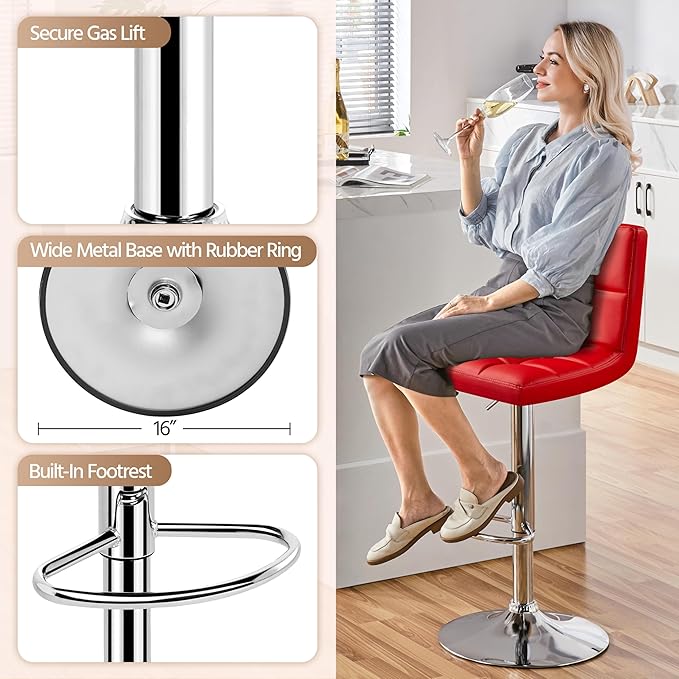Yaheetech Bar Stools Set of 4, Adjustable PU Leather Swivel Barstools, Modern Counter Stools with Back and Footrest, Counter Height Barstools for Bar, Kitchen, Dining Room, Red