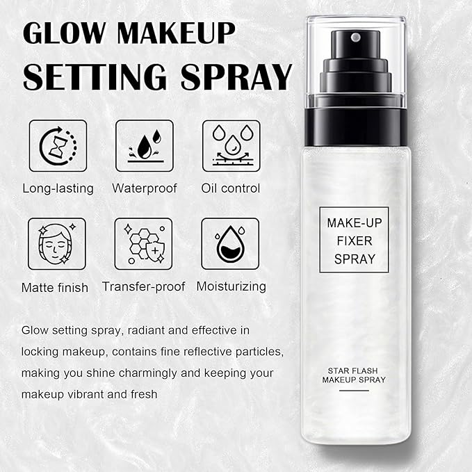 Glow Makeup Setting Spray, Shimmer Dewy Hydrating Setting Spray for Makeup Glowing Long-Lasting Radiant Finish, Lightweight Formula, All-Day Wear, 3.38 Fl Oz