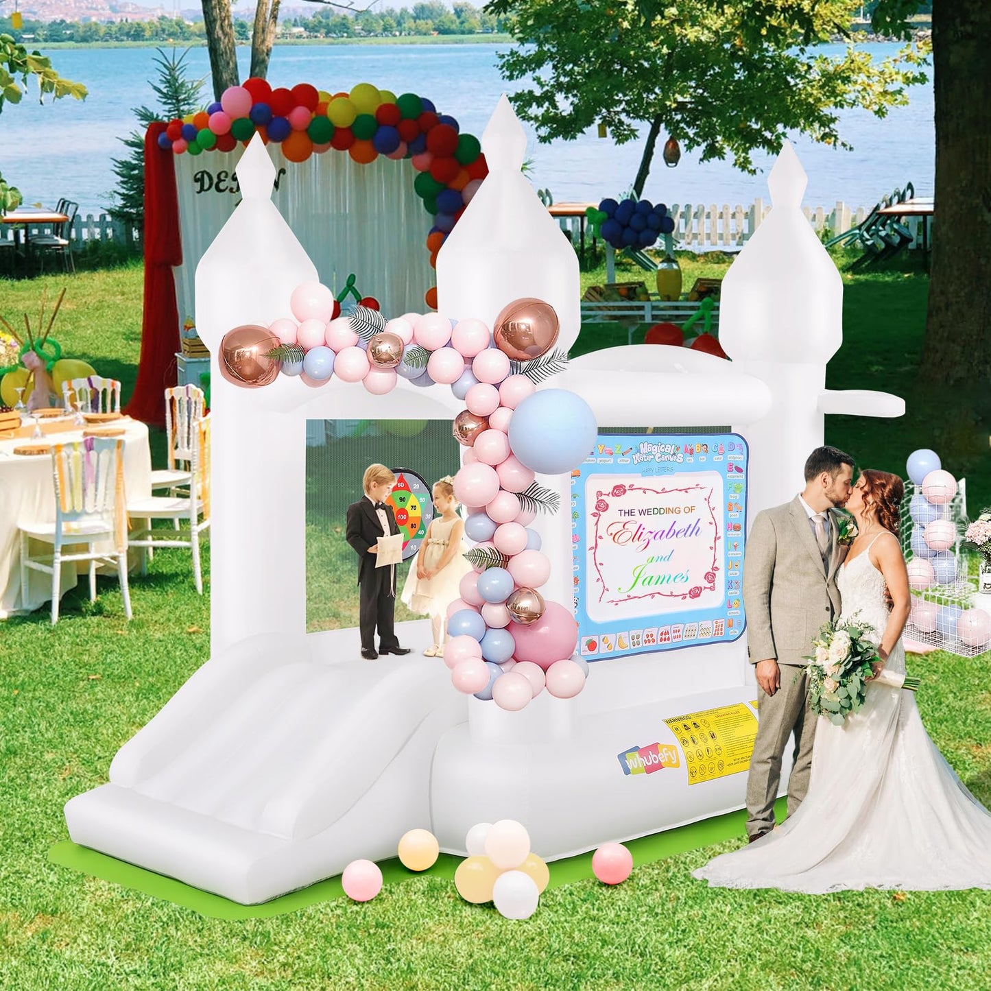 White Inflatable Bounce House for Kids, Blow Up Backyard Bouncy Castle with Slide, Water Doodle Mat, Basketball Hoop, Target & Balloons (White Bounce House Without Blower)