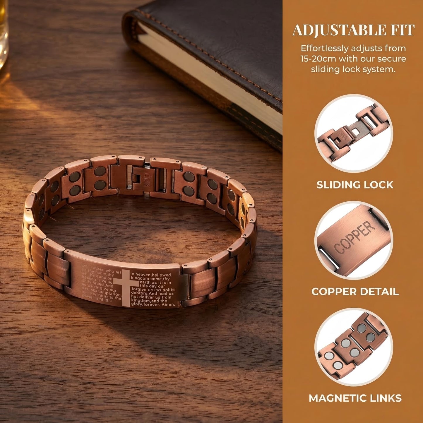Picalela Magnetic Copper Bracelet for Men & Women, 99% Pure Solid Copper with Magnets, Adjustable Clasp, Retro Cross Design, Perfect for Stylish Matching (COPPER)
