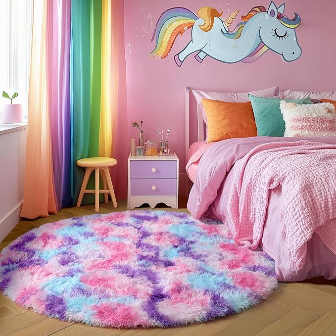 Amdrebio Hot Pink Rainbow Round Circle Area Rug 6Ft for Girls Bedroom, Large Fluffy Cute Fuzzy Colorful Pastel Kids Rugs for Nursery Playroom Classroom, Shag Princess Carpet for Baby Toddler Teen