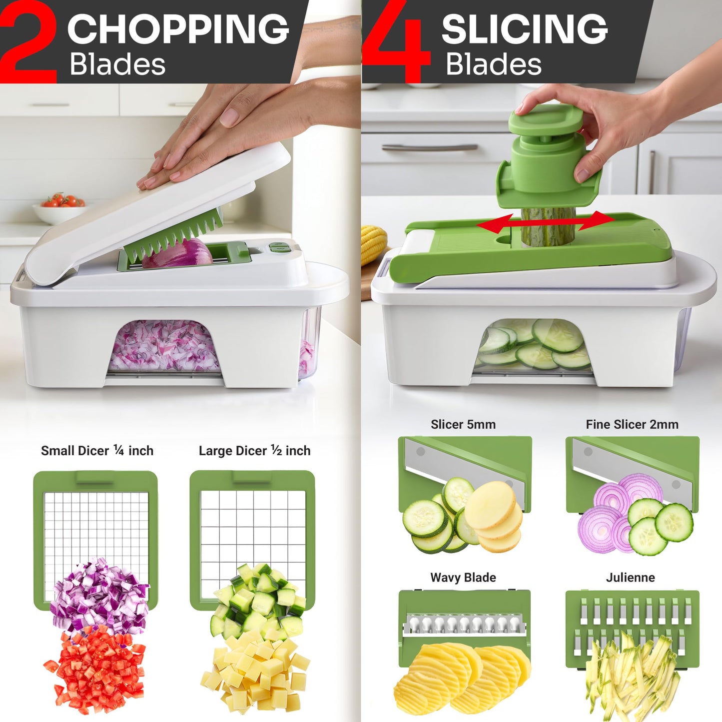 Mueller Pro-Series All-in-One, 12 Blade Mandoline Slicer for Kitchen, Food Chopper, Cucumber Slicer and Spiralizer, Cutter, Dicer, Grater, Gifts for Mom, Kitchen Essentials, White Sand/Green