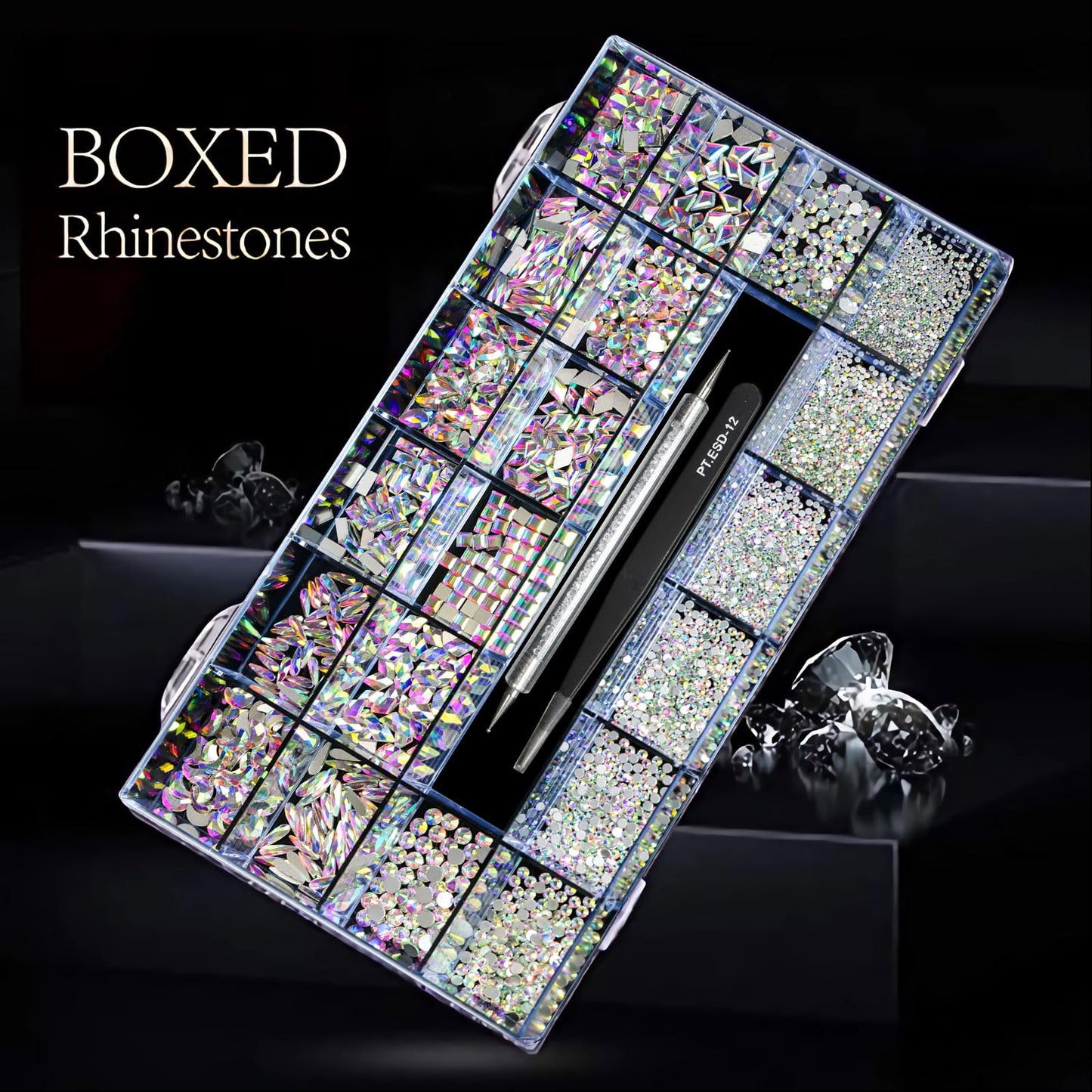 Yzzseven 12 Types of 600 Crystal AB Diamonds + 2500 Flat Rhinestones Mix 20 Styles Flatback DIY Crafts Rhinestone Crystals 3D Ornament‌s Flat Back Stones Set + Tweezers + Drill Pen