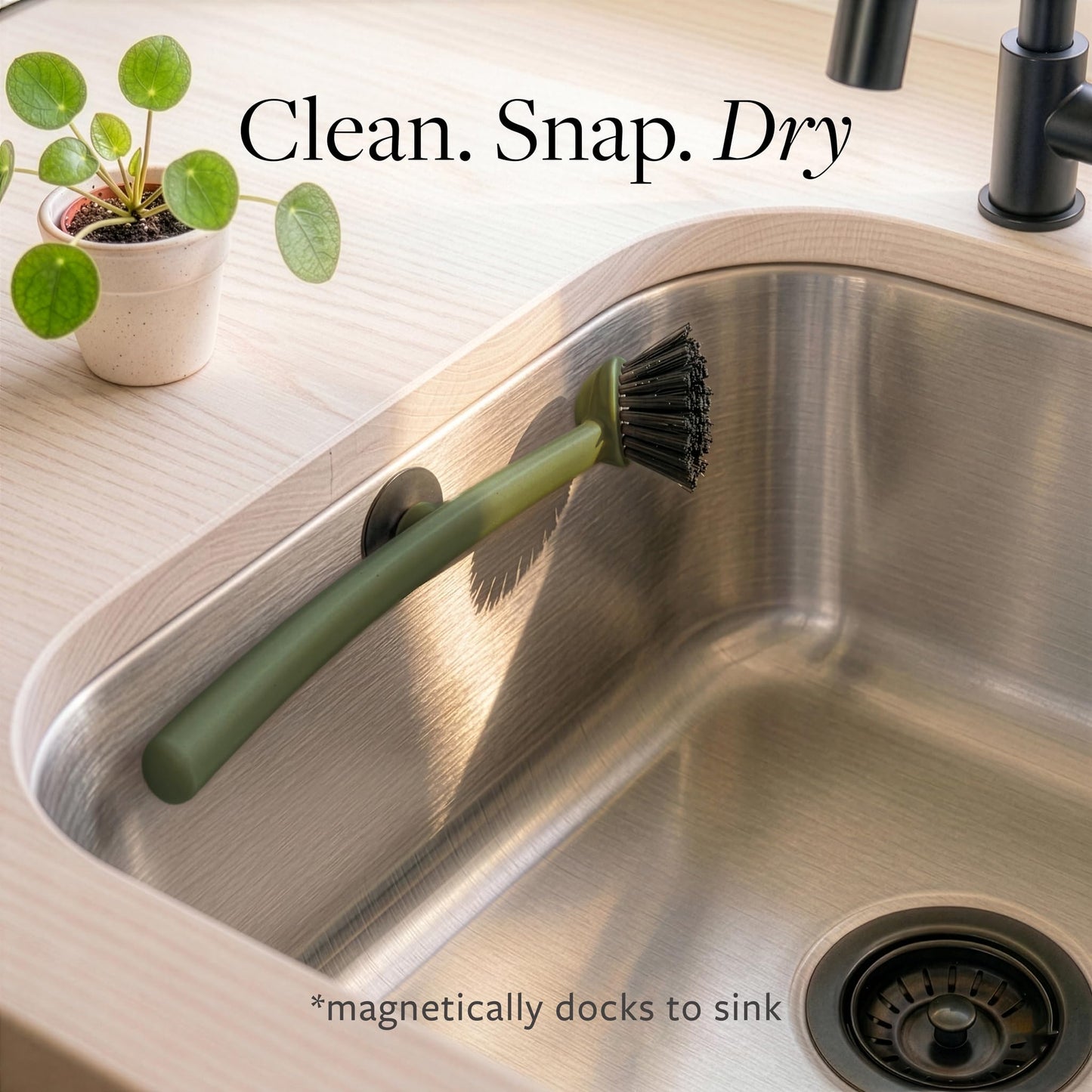 Earth & Mango Magnetic Dish Brush & Scraper, Snaps to Sink, Non-Scratch, Dishwasher Safe, Dish Scrubber – Moss Green