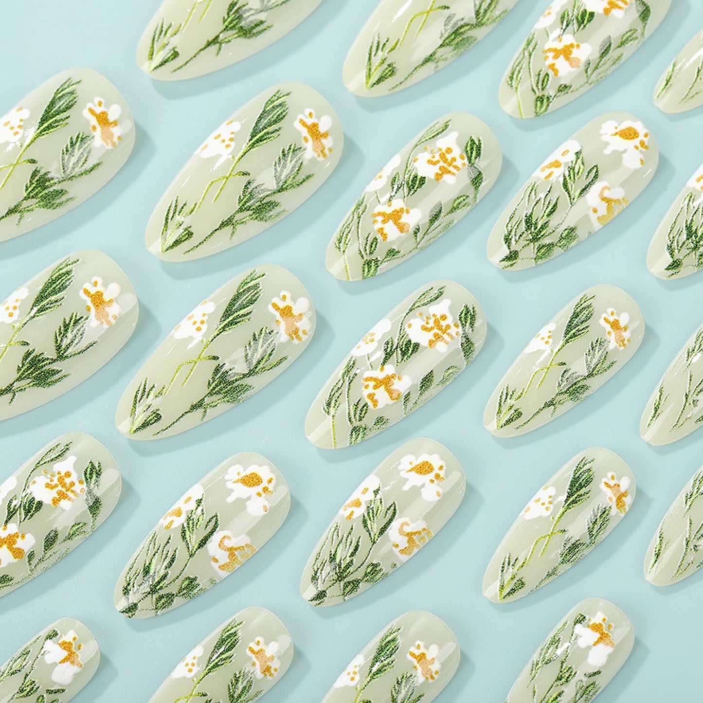 Press on Nails Medium Almond Shaped Flowers and Grass Pattern Design Acrylic Fake Nail Full Cover Glossy Artificial Fingernails Blossom Stick on Nail Press Ons Reusable Glue on Nails for Women 24Pcs