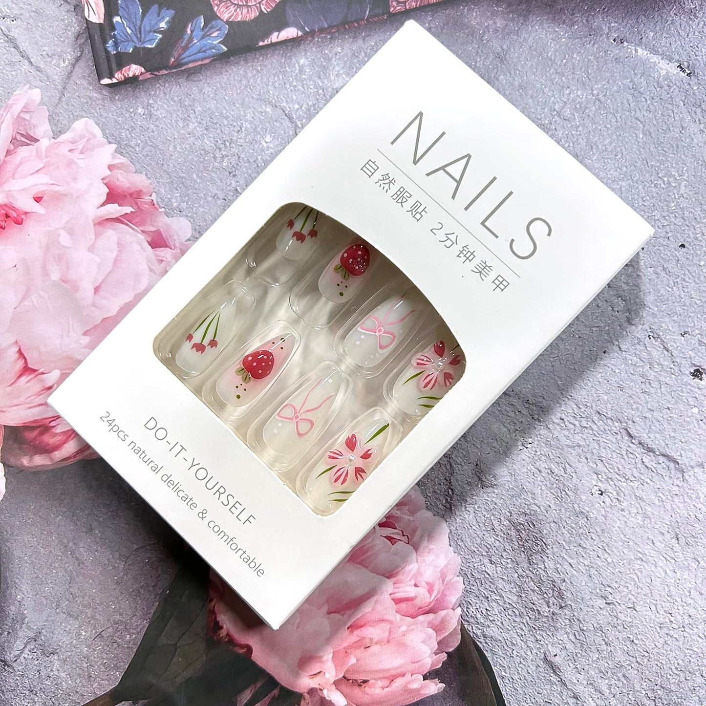 CJDLTS Flower Press on Nails Medium Almond Shaped 3D Cute Floral Blush Strawberry with Glossy Rabbit Pearl Stick on Nails Full Cover Artificial Acrylic Fingernails Glue on Nail for Women Manicure