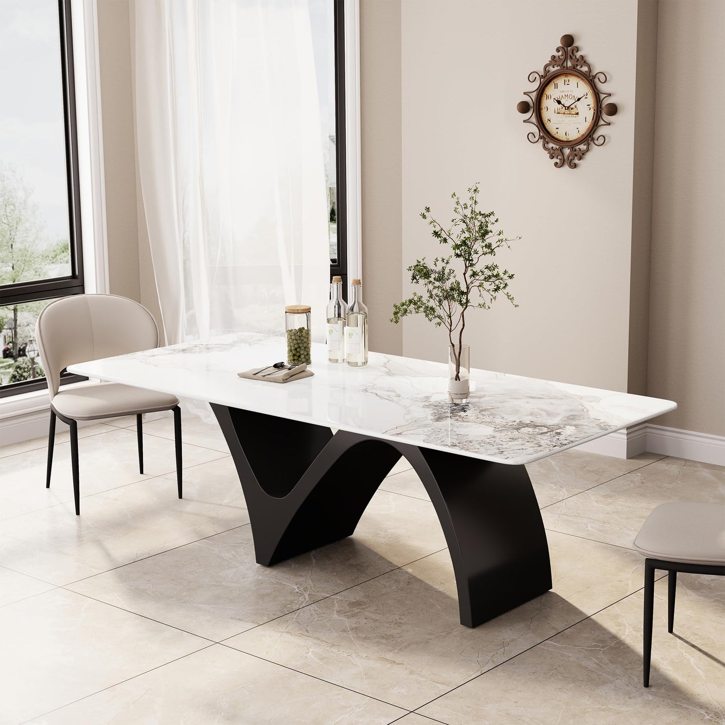 Modern Dining Table for 6, Sintered Stone Dining Tabletop with Unique N-Shaped Metal Base, 71" Rectangle Dining Table for Dining Room Table Kitchen (Table Only)
