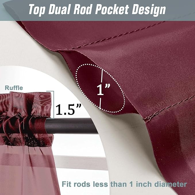 Extra Wide Sheer Curtains 120 Inches Long, Extra Long Light Filtering Modern Patio Curtains for Sliding Glass Door, Rod Pocket Voile Drapes for Living Room, Burgundy, 2x59Wx120L Inches, 10FT