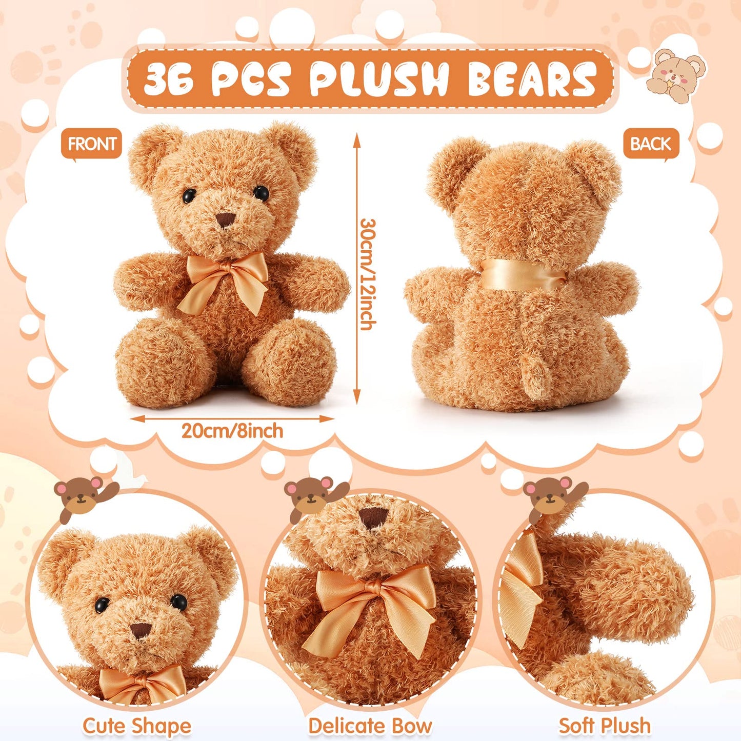 HyDren 36 Pcs Valentine‘s Day Bear Bulk Plush Stuffed Animals Toys 12 Inch Cute Soft Stuffed Bear with Bow Ties for Baby Shower Birthday Gift Party (Brown)