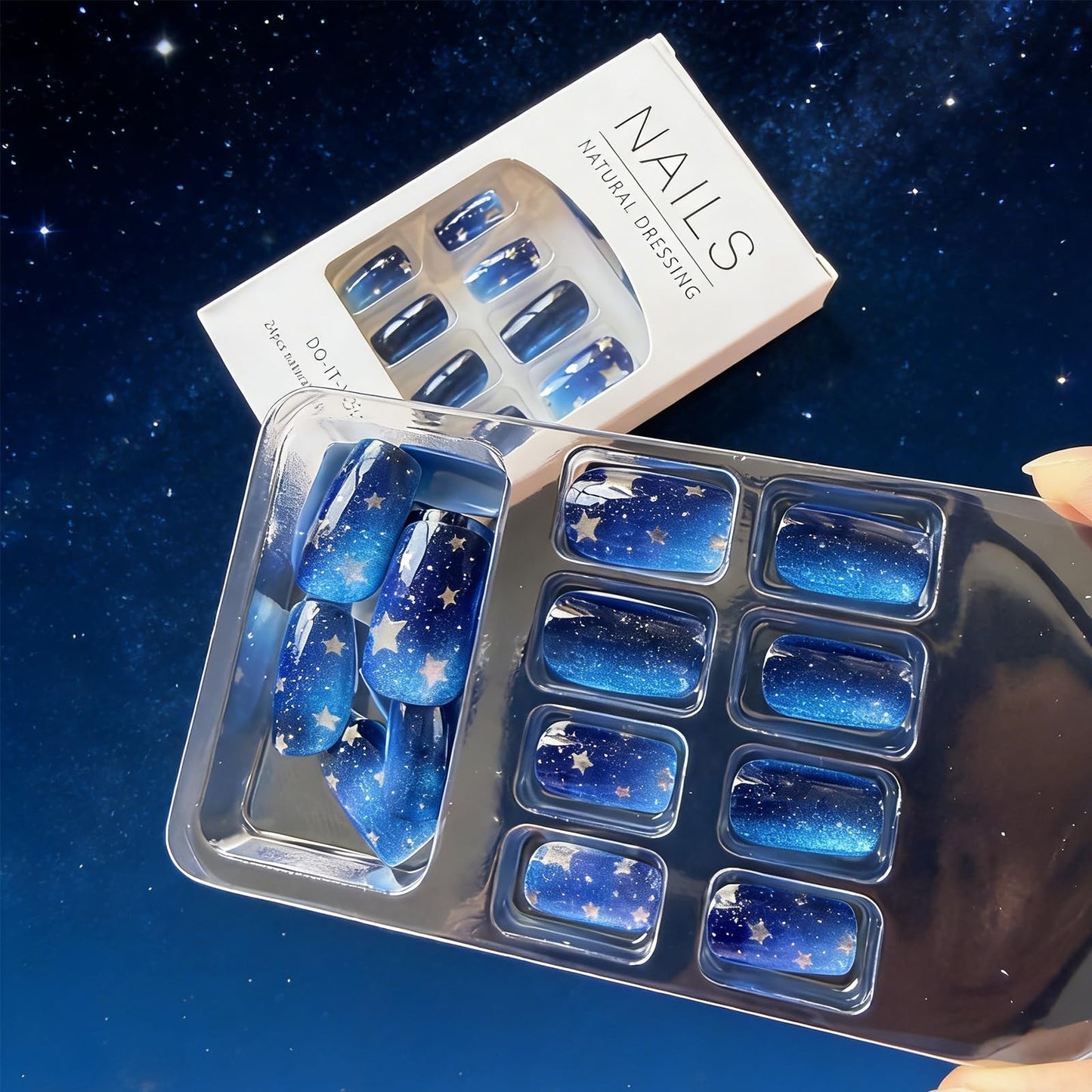 Star Press on Nails Medium Square Fake Nails Gradient Blue Acrylic Nails Press ons with Twinkle Stars Design Starry Sky Artificial Nail Reusable Stick on Nails for Women Manicure 24Pcs