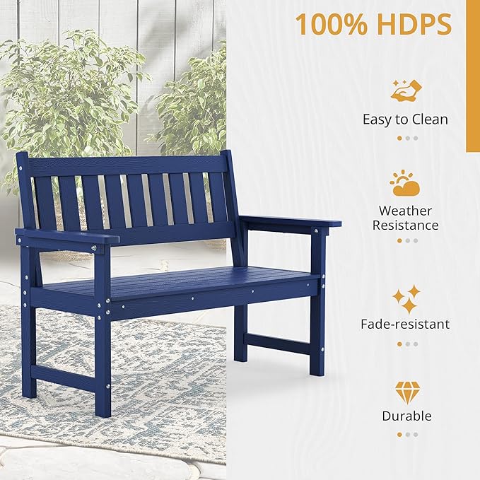 LUE BONA Outdoor Bench, 2-Person HDPS Garden Bench, Outdoor Benches Weatherproof, All-Weather Fade/Rot Resistant Patio Bench for Park, Front Porch, Backyard (Navy)