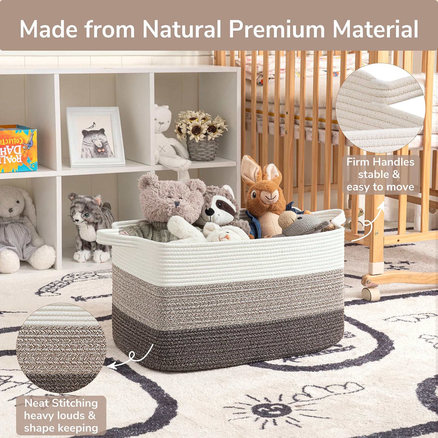 Goodpick Large Woven Storage Basket, 21.6"x14.9"x11.8", Blanket Storage for Bedroom and Living Room, Rectangle Rope Baskets for Storage, White Brown