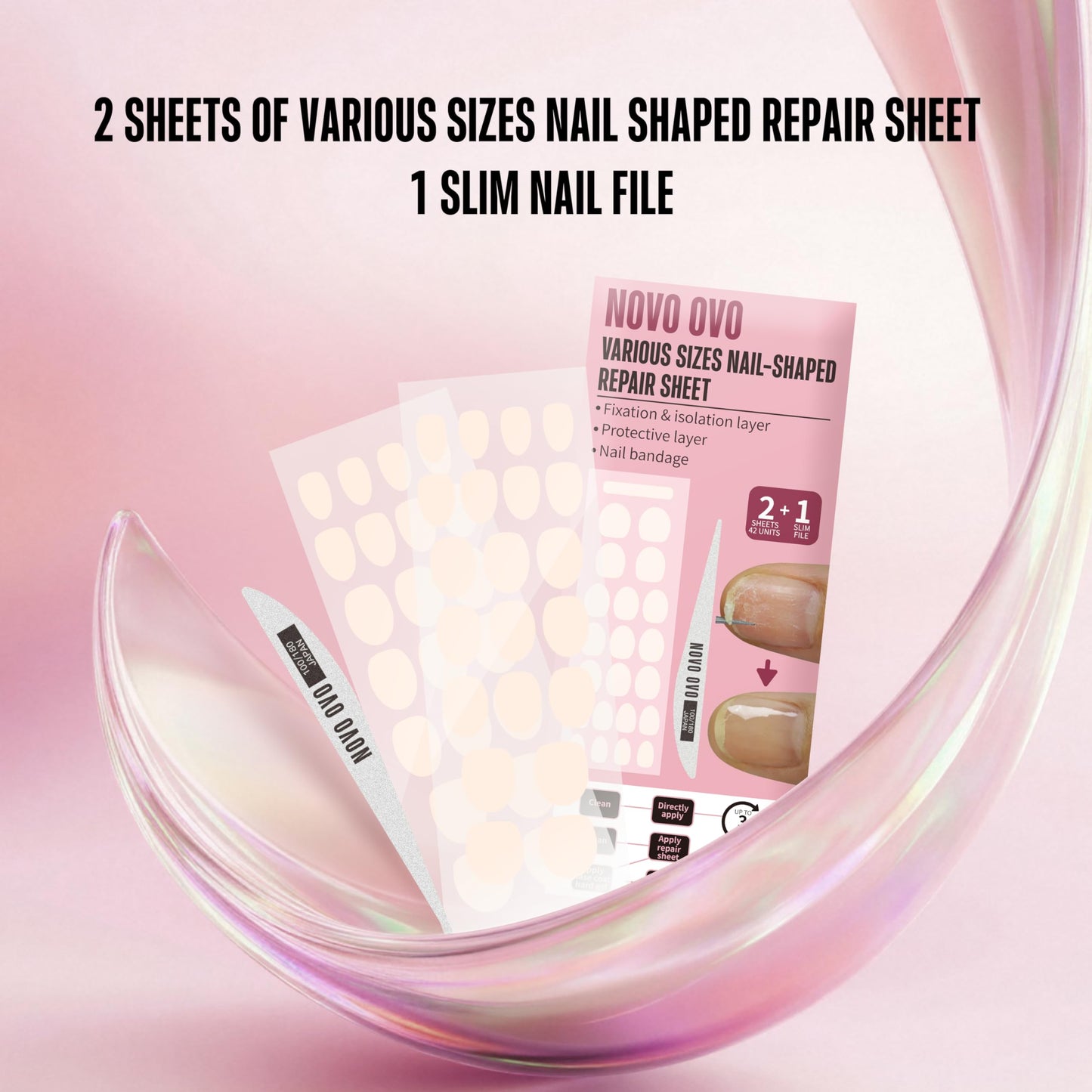 NOVO OVO Pre-cut Nail Shaped Repair Sheets Various Sizes with Slim File, Fixation & isolation layer, Bandage for Broken Nail-Surface, Recovery Protective layer for Acrylic, Easy to use 42 units