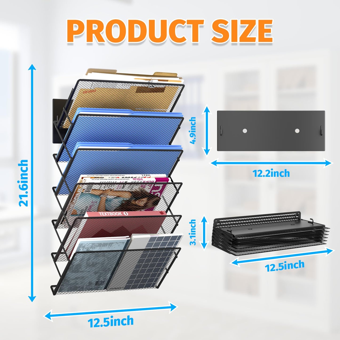 Mogbhw Magnetic File Holder, 6-Tier Foldable No Drilling Magnetic File Folder Holder, Space-Saving Black Magnetic Hanging File Organizer for Whiteboard, File Cabinets, Refrigerator, Office, Kitchen