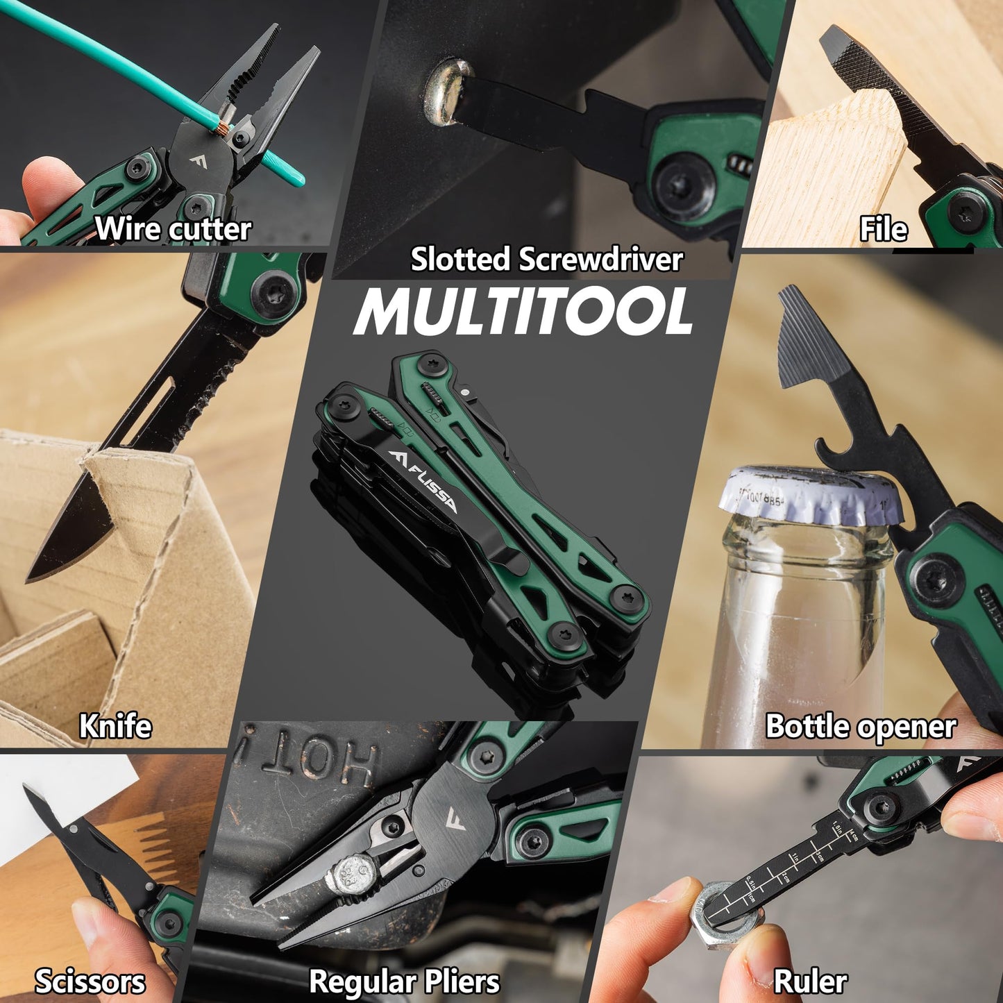 FLISSA 16-in-1 Multi Tool Pliers, Gifts for Men, Stainless Steel EDC Multitool with Pocket Knife, Belt Clip and Oxford Pouch, Self-locking Multipurpose Utility Multi-Tool for Camping Survival Outdoor