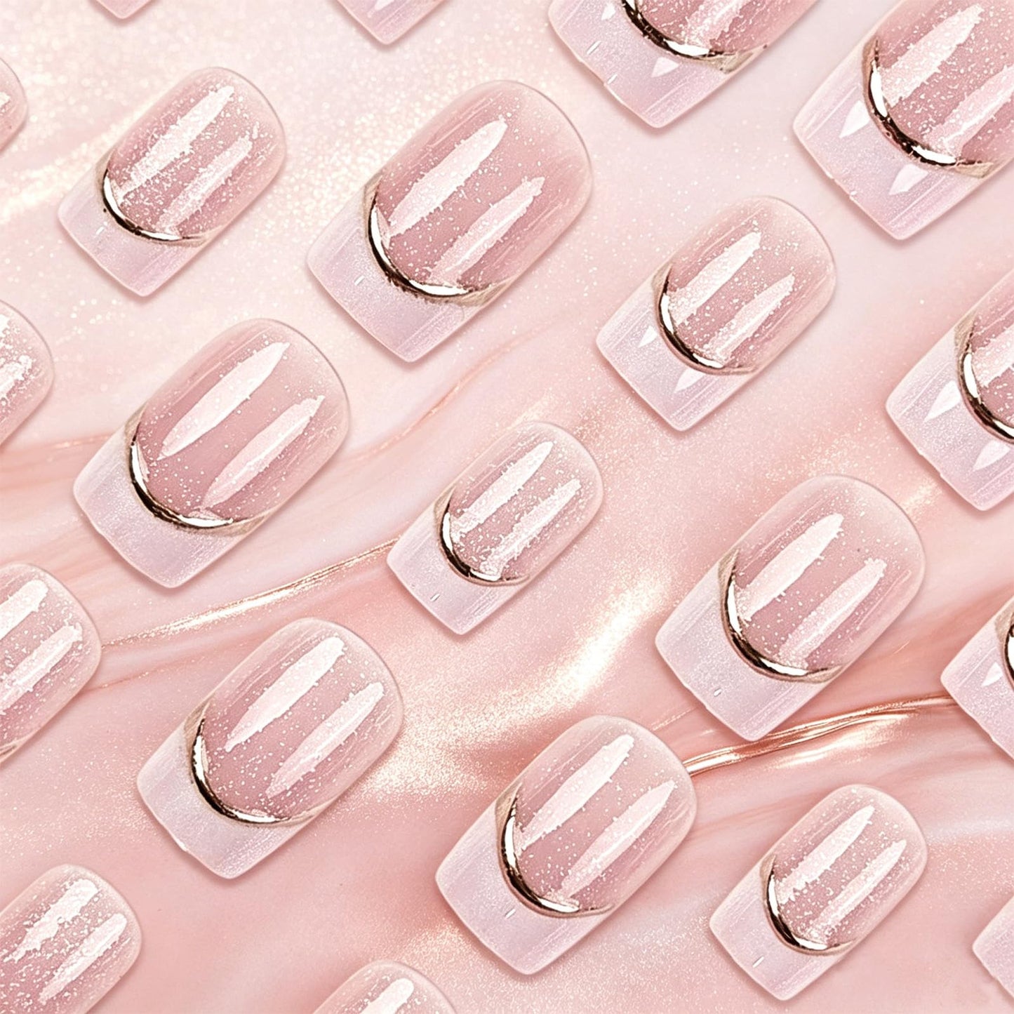 French Tip Press On Nails Medium Square Fake Nails with Gold Glitter Line Glossy Nude Pink False Nails Reusable Acrylic Stick On Nails for Women Daily Wear, 24 Manicure Kit with Adhesive Tabs