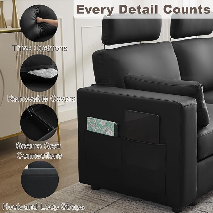 126.8" Modular Sectional Storage Sofa, Oversized Faux Leather U Shaped Couch with 2 Ottoman, Cloud Couch with Headrest & Side Pockets, Sectional Sofas for Living Room Apartment Small Spaces, Black