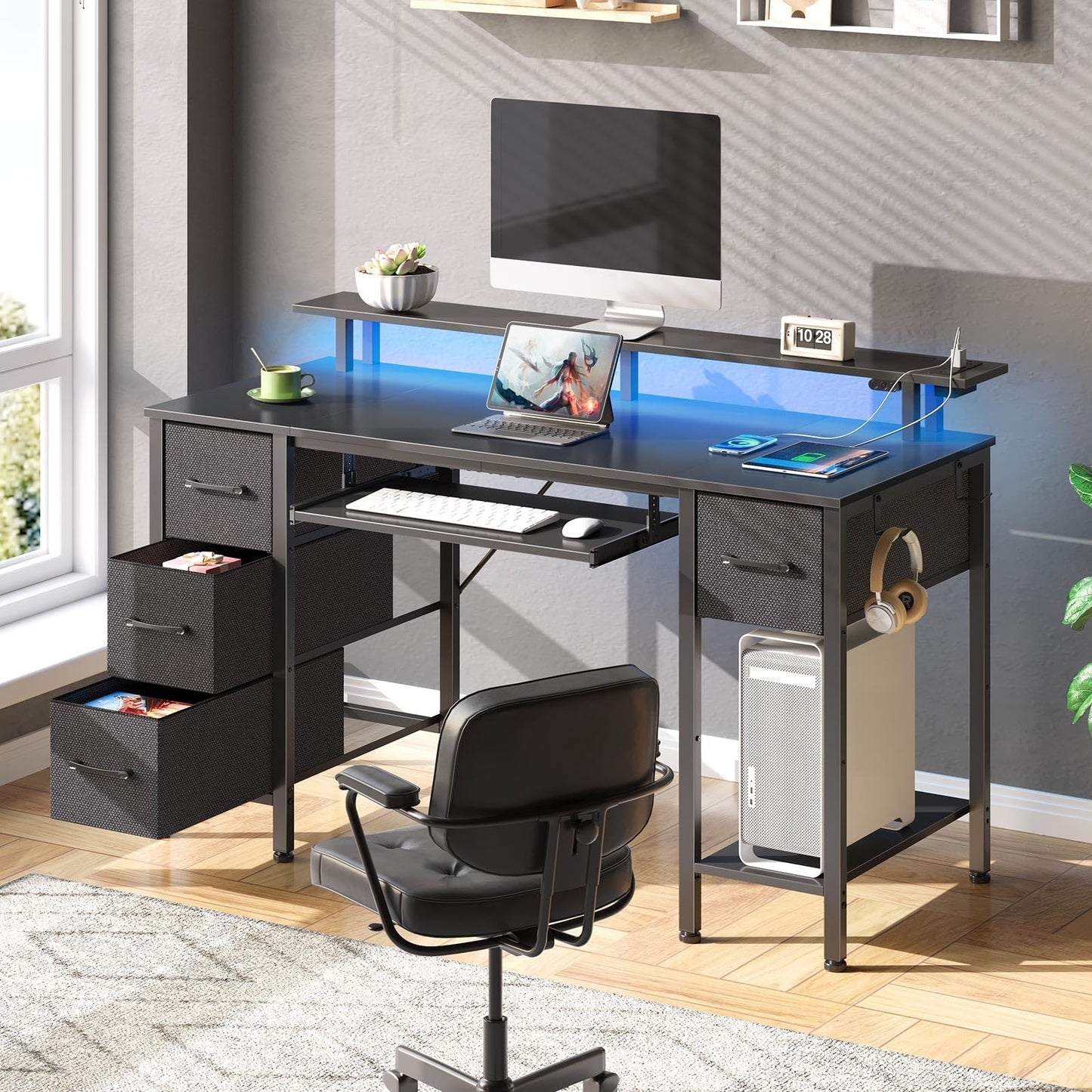 Seventable Computer Desk 55.1" with LED Lights & Power Outlets, Home Office Desk with 4 Drawers, Writing Desk with Keyboard Tray, Study De sk with Monitor Stand, Work for Home Office, Black