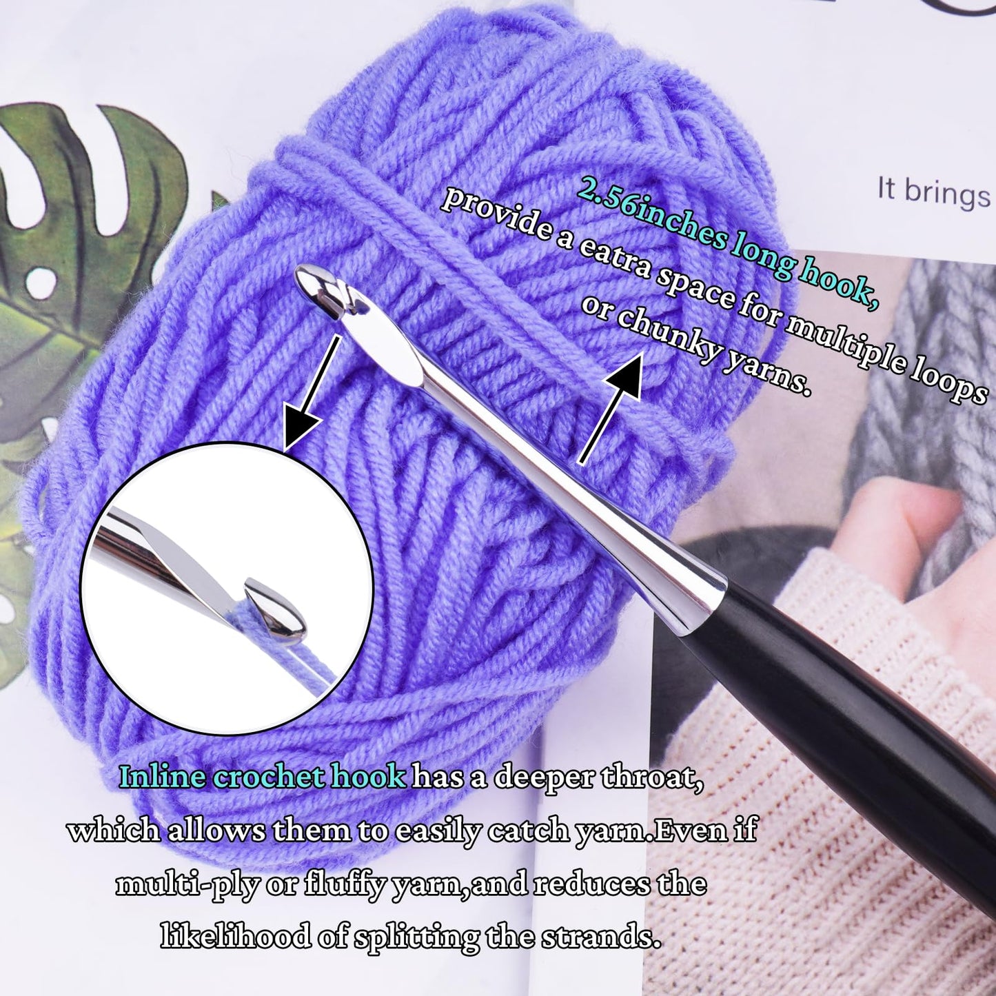 Hobekoee Inline Crochet Hooks Set 9 Sizes 3.5mm(E)-8mm(L) Wooden Handle Crochet Hooks Set with Case,Ergonomic Grip for Arthritic Hands
