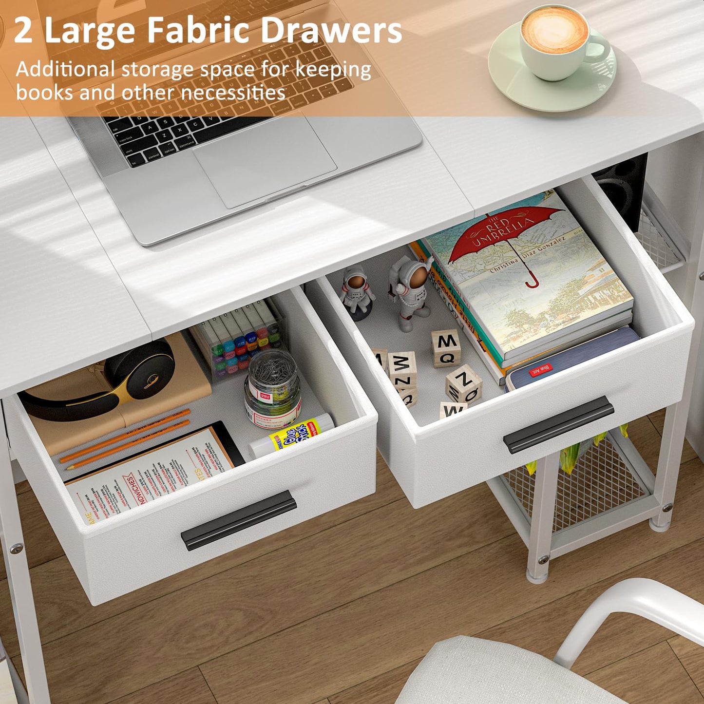 DAOUTIME White Computer Desk with Drawers, 37.3 Inch Home Office Work Desk with Storage Shelf, Kids Teens Study Table for Small Space, Small Writing PC Table for Bedroom Makeup Vanity Desk