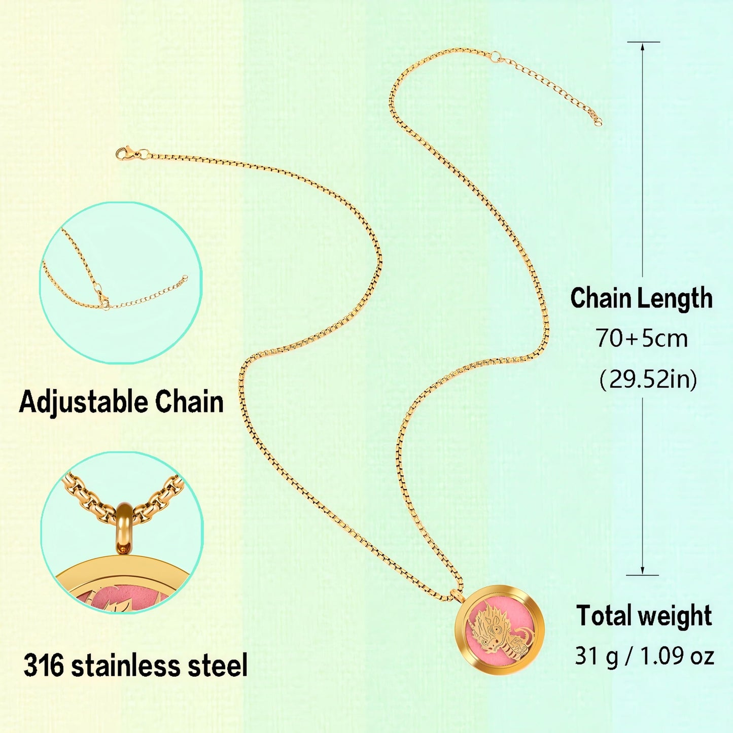 Aromatherapy Diffuser Necklace-Dinosaur Essential Oil Necklace,Aromatherapy Diffuser Pendant for Men and Women,Portable,Suitable for Yoga,Meditation,Travel,Stress Relief Gift(Gold 30mm)