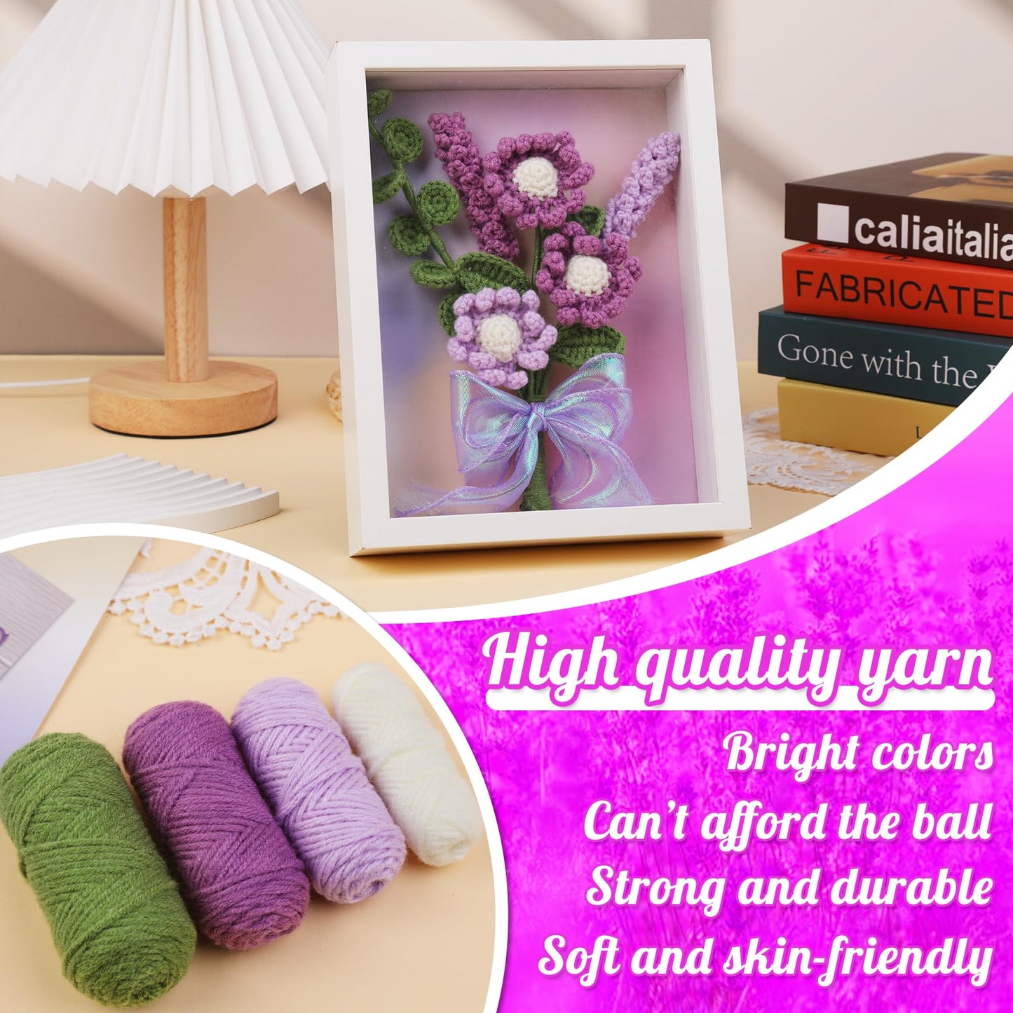 IMZAY Lavender Crochet Kit with Photo Frame, Lavender Knitting Weaving Set with Yarn, Hooks, Instruction, Stitching Markers, Fiber Fill, Floral Wire, Crochet Set for Mother's Day & Christmas