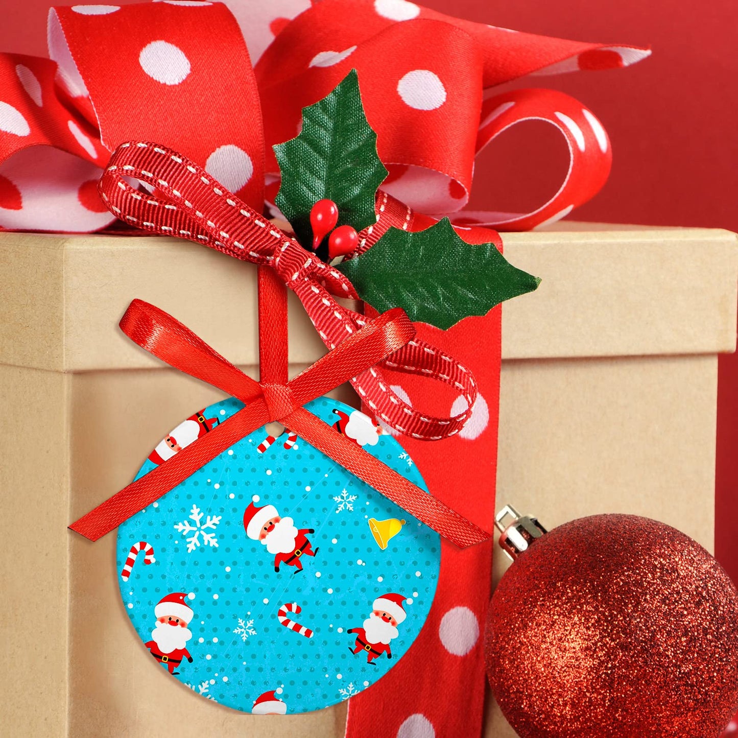 Patelai 15 Pieces Christmas Sublimation Ceramic Ornaments 3.15 Inch Round White Ceramic Christmas Ornaments DIY Blanks with Red Satin Ribbon Decoration
