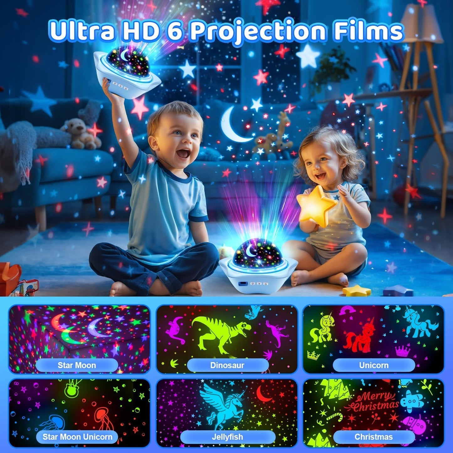 One Fire Night Light for Kids Easter Gifts, 6 Films+78 Lighting Modes Ceiling Star Projector,Rechargeable Night Light Projector,360°Rotion Star Lights for Bedroom Decor,Kids Sensory Toys Easter Toys