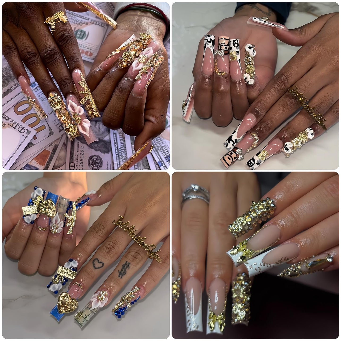 KINGNAME 106Pcs 3D Gold Nail Charms, Luxury Bling Snake Bow Butterfly Jewels, Y2K Glam Rhinestone Art Accessories for DIY Acrylic Nails