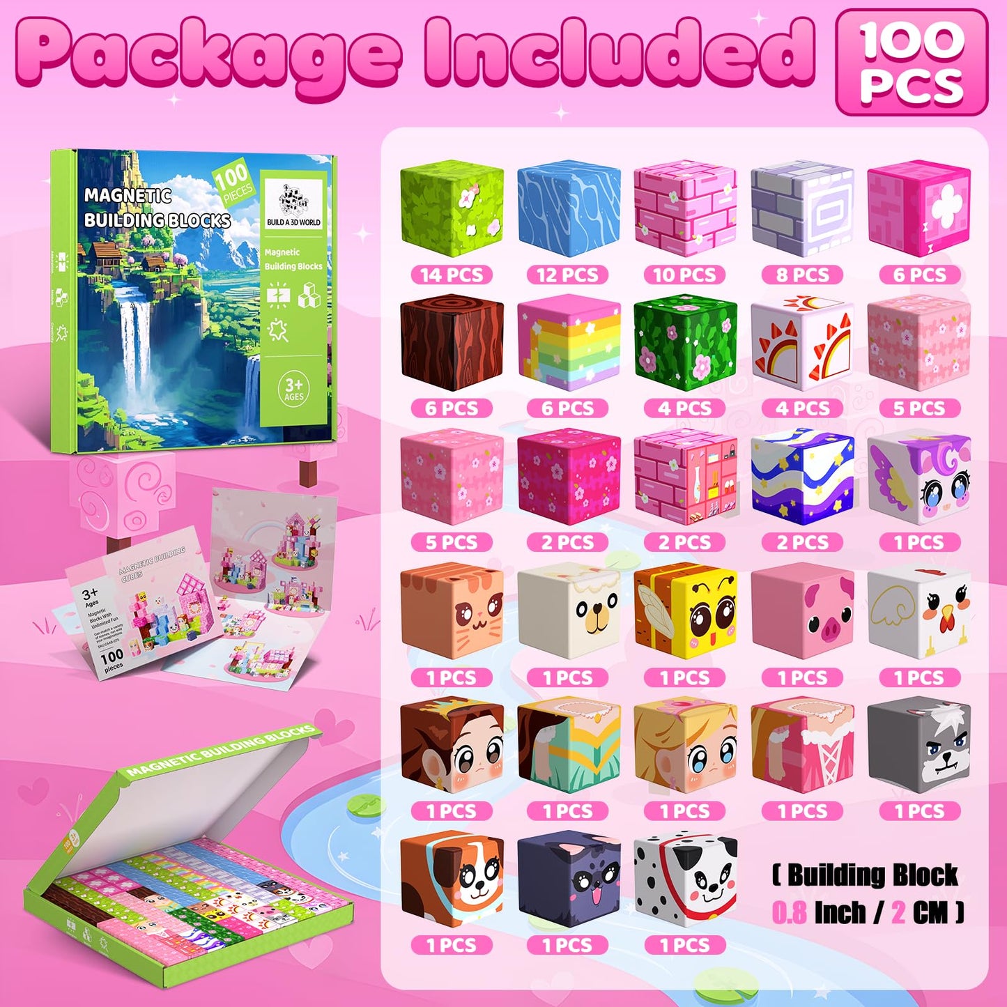 SSAWER Magnetic Blocks, 100PCS Magnetic Building Blocks, Stacking Magnets for Kids, Sensory Toy for STEM Constructions Magnet Blocks for Girls Age 3+, Christmas Birthday Gifts